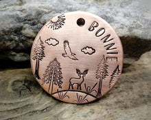 Load image into Gallery viewer, Large dog tag, hand stamped with trees, deer &amp; eagle
