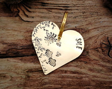 Load image into Gallery viewer, Large heart dog id tag, hand stamped with flower design &amp; bees
