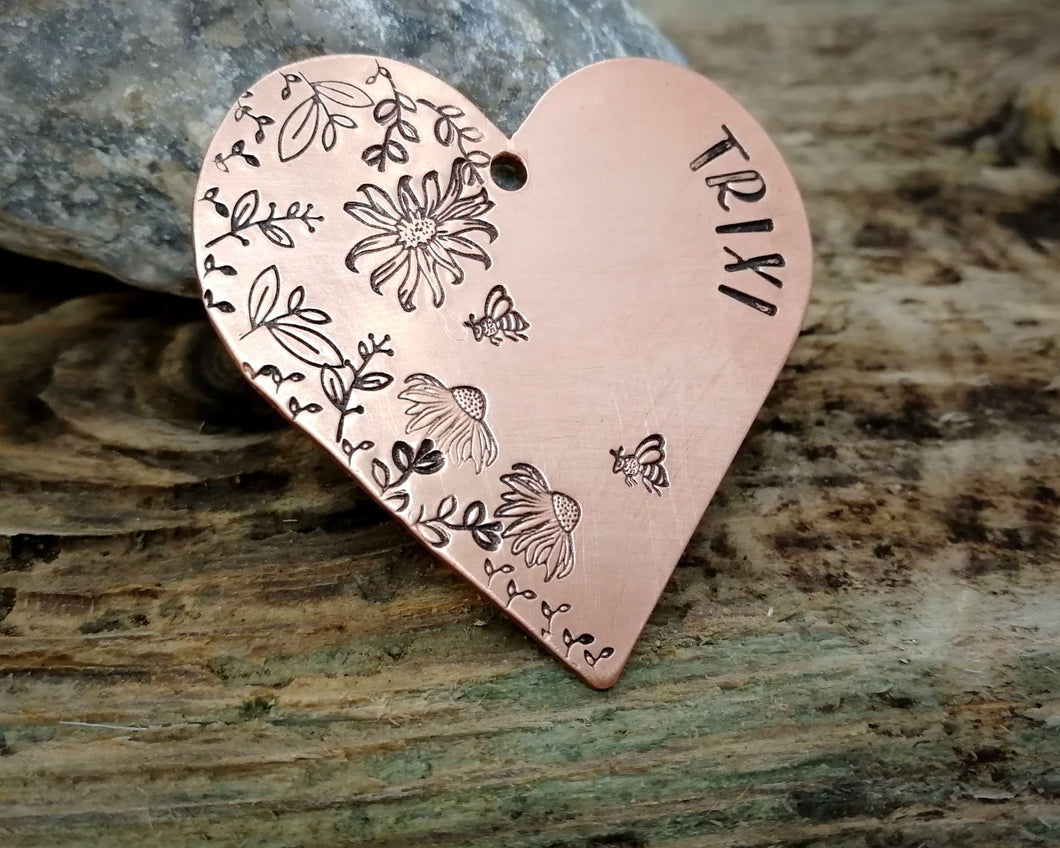 Large heart dog id tag, hand stamped with flower design & bees