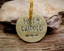 Load image into Gallery viewer, Small dog tag, hand stamped with &#39;micro chipped&#39;
