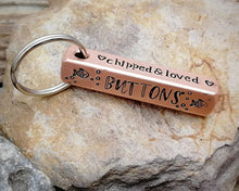 Load image into Gallery viewer, Bar tag, pet id tag, hand stamped with nautical design and &#39;chipped &amp; loved&#39;
