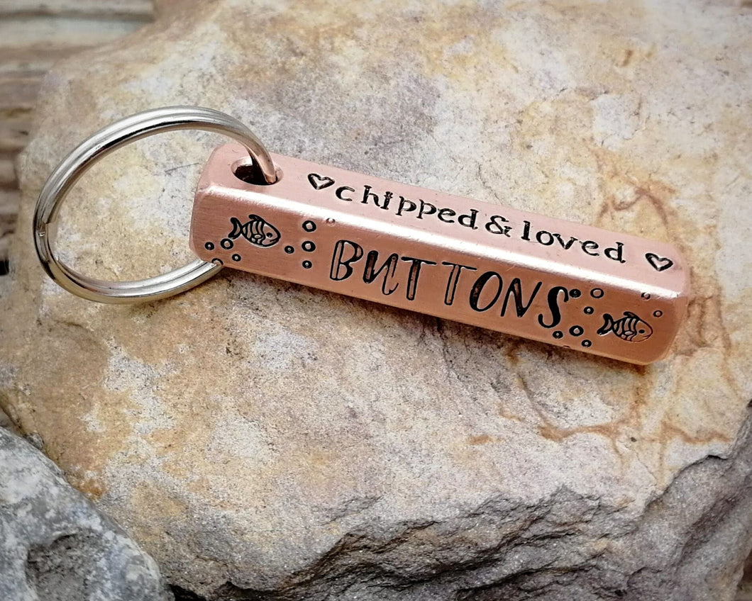 Bar tag, pet id tag, hand stamped with nautical design and 'chipped & loved'