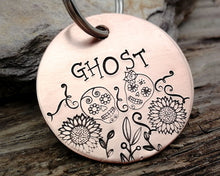 Load image into Gallery viewer, Dog tag, hand stamped with sugar skull &amp; flower design
