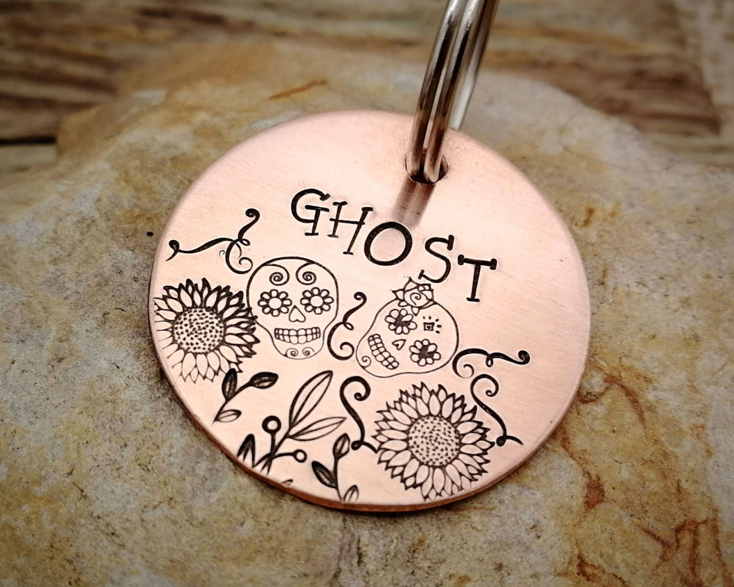 Dog tag, hand stamped with sugar skull & flower design