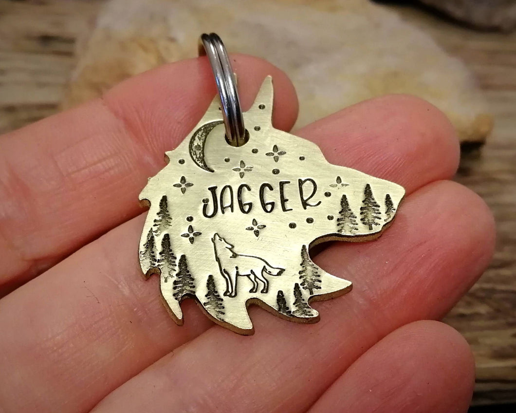 Wolf head dog tag, handstamped with howling wolf, trees and moon