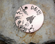 Load image into Gallery viewer, Dog tag, hand stamped with butterfly &amp; flowers
