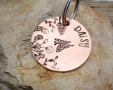 Load image into Gallery viewer, Dog tag, hand stamped with butterfly &amp; flowers
