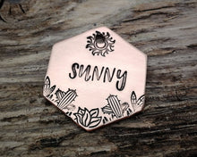 Load image into Gallery viewer, Hexagon pet id tag, hand stamped with cactus design &amp; sun
