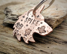 Load image into Gallery viewer, Wolf head dog tag, hand stamped with cactus design &amp; moon

