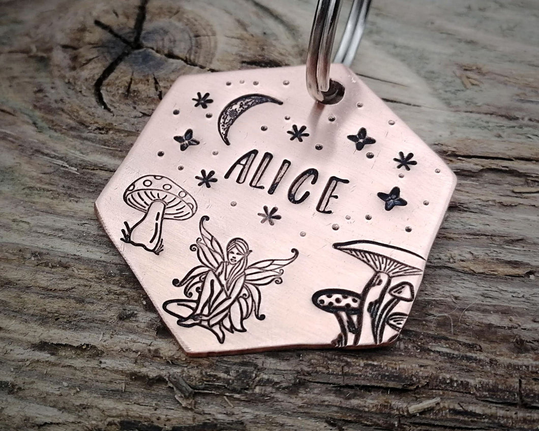 Hexagon dog tag, hand stamped with fairy, mushooms & moon