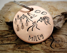 Load image into Gallery viewer, Dog tag, hand stamped with mountains, trees &amp; eagle
