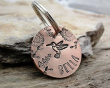 Load image into Gallery viewer, Small pet tag, hand stamped with flowers design &amp; humming bird
