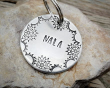Load image into Gallery viewer, Large dog id tag, hand stamped with mandala border design
