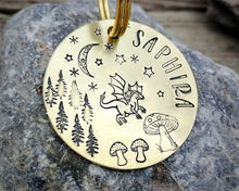 Load image into Gallery viewer, Dog tag, hand stamped with dragon, moon &amp; trees

