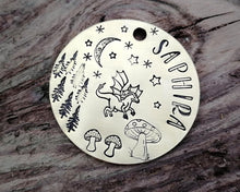 Load image into Gallery viewer, Dog tag, hand stamped with dragon, moon &amp; trees
