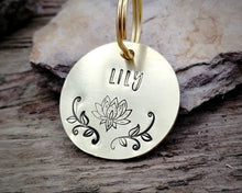 Load image into Gallery viewer, Dog tag, hand stamped with lotus flower
