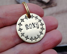Load image into Gallery viewer, Small pet id tag, hand stamped with exotic border
