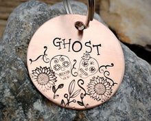 Load image into Gallery viewer, Dog tag, hand stamped with sugar skull &amp; flower design
