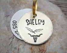 Load image into Gallery viewer, Small pet id tag, hand stamped with longhorn design
