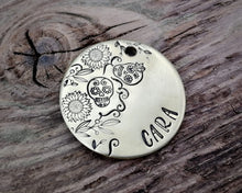 Load image into Gallery viewer, Dog id tag, hand stamped with sugar skull design &amp; flowers
