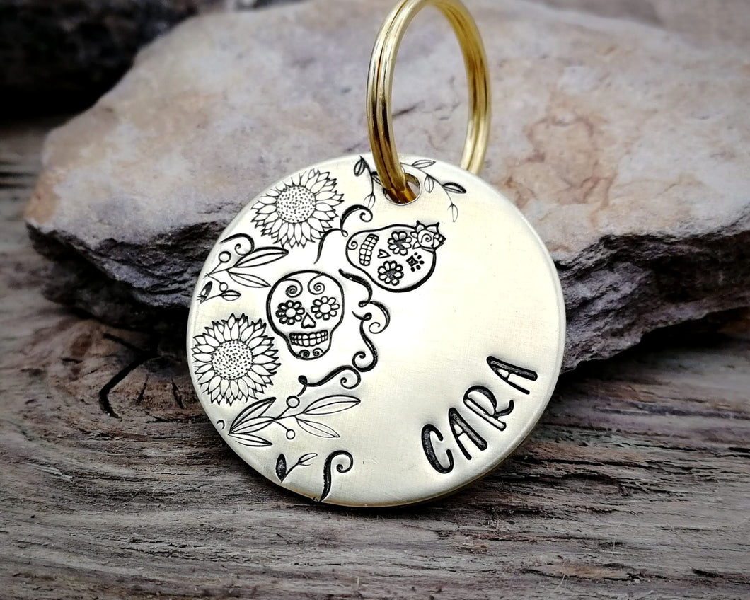 Dog id tag, hand stamped with sugar skull design & flowers