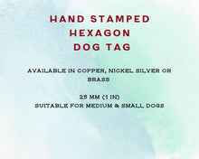 Load image into Gallery viewer, Hexagon pet id tag, hand stamped with cactus design &amp; sun
