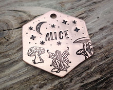 Load image into Gallery viewer, Hexagon dog tag, hand stamped with fairy, mushooms &amp; moon
