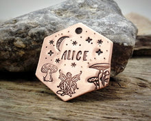 Load image into Gallery viewer, Hexagon dog tag, hand stamped with fairy, mushooms &amp; moon
