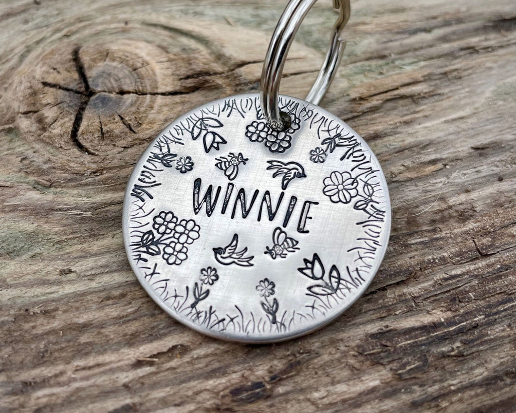 Dog tag, hand stamped with flowers, bees & birds