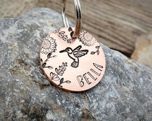 Load image into Gallery viewer, Small pet tag, hand stamped with flowers design &amp; humming bird
