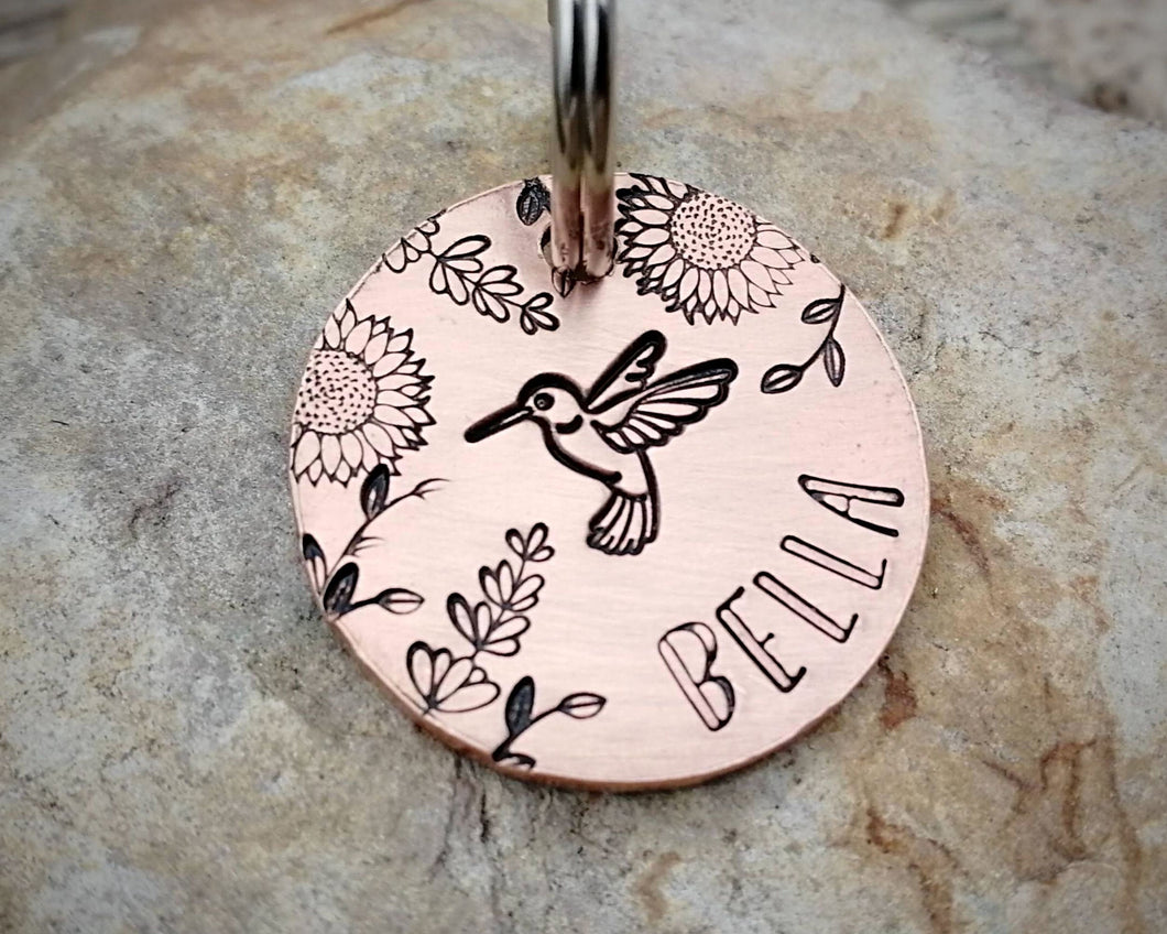 Small pet tag, hand stamped with flowers design & humming bird