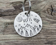 Load image into Gallery viewer, Large dog id tag, hand stamped with mountains, moon &amp; spaceship
