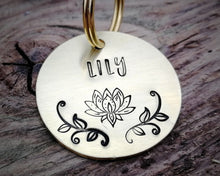 Load image into Gallery viewer, Dog tag, hand stamped with lotus flower
