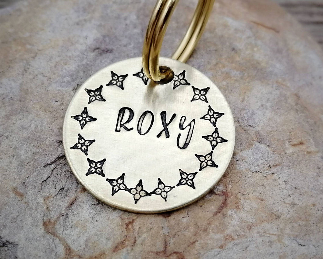 Small pet id tag, hand stamped with exotic border