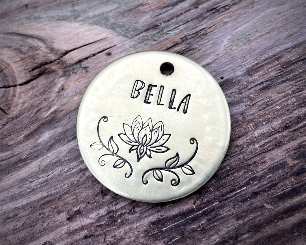 Dog tag, hand stamped with lotus flower
