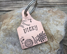 Load image into Gallery viewer, Cow ear tag dog tag, hand stamped pet id tag with flower design
