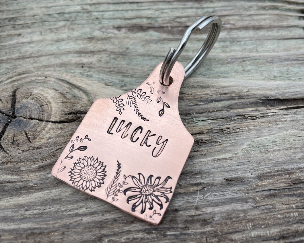 Cow ear tag dog tag, hand stamped pet id tag with flower design