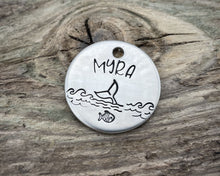 Load image into Gallery viewer, Small dog id tag, hand stamped with ocean design, fish &amp; whale
