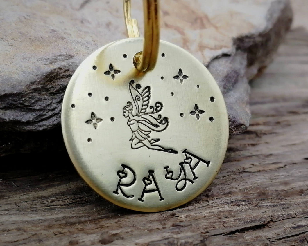Small dog id tag, hand-stamped with fairy & stars
