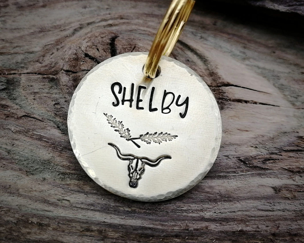 Small pet id tag, hand stamped with longhorn design