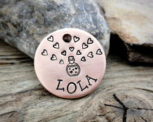 Load image into Gallery viewer, Small dog id tag, hand-stamped with love potion &amp; hearts
