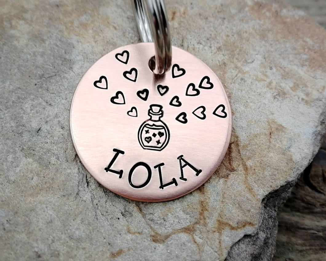 Small dog id tag, hand-stamped with love potion & hearts