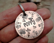 Load image into Gallery viewer, Dog tag, hand stamped with flowers, bees &amp; birds
