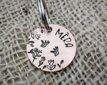 Load image into Gallery viewer, Small dog id tag, hand stamped with flower design &amp; birds
