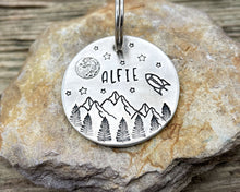 Load image into Gallery viewer, Large dog id tag, hand stamped with mountains, moon &amp; spaceship
