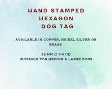Load image into Gallery viewer, Hexagon dog tag, hand stamped with trees &amp; leaf design
