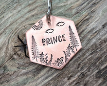 Load image into Gallery viewer, Hexagon dog tag, hand stamped with trees &amp; leaf design
