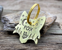 Load image into Gallery viewer, Fox head dog id tag, hand stamped with cute fox, trees &amp; moon
