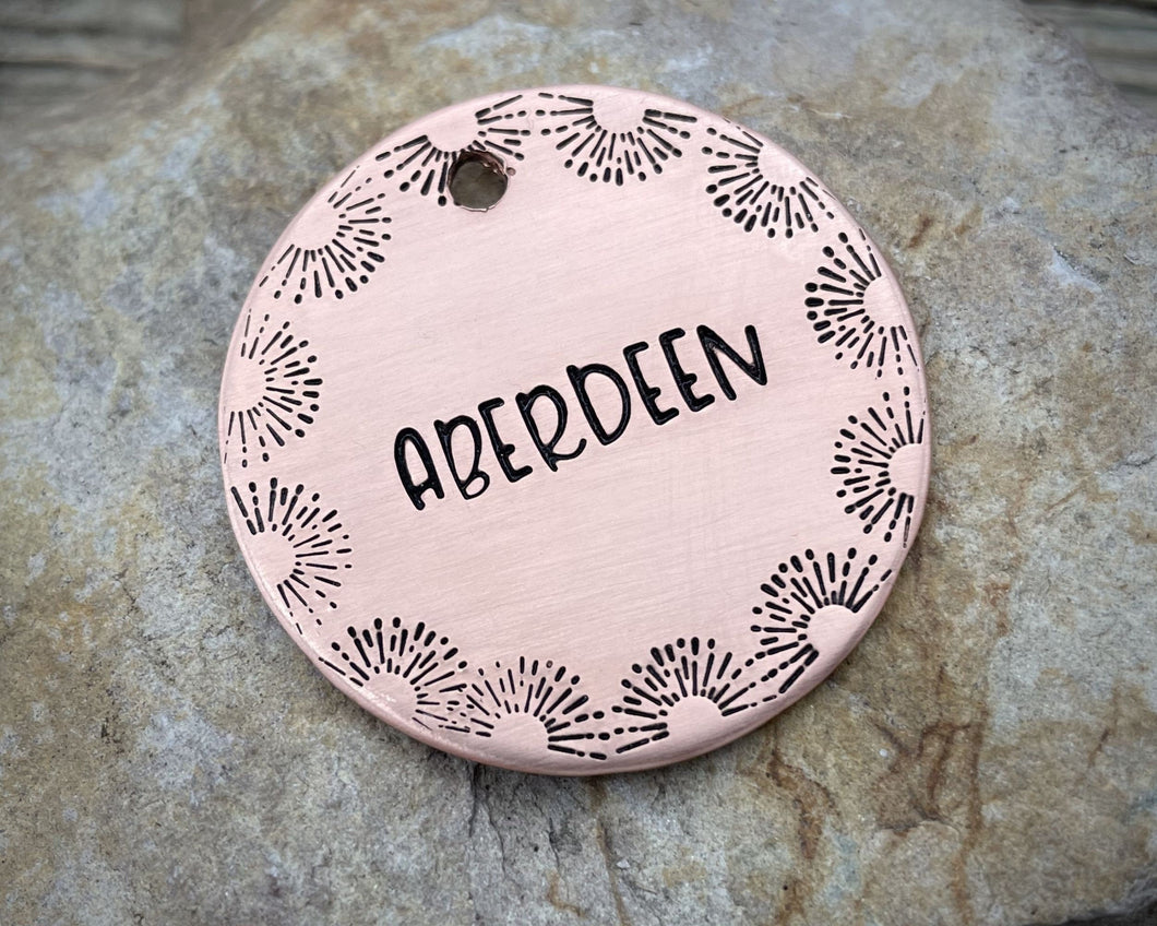 Dog name tag, hand stamped with border design