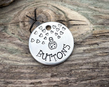 Load image into Gallery viewer, Small dog id tag, hand-stamped with love potion &amp; hearts
